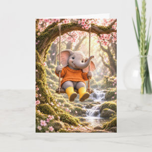 Carte Éléphant d'anniversaire sur une balançoire de ceri