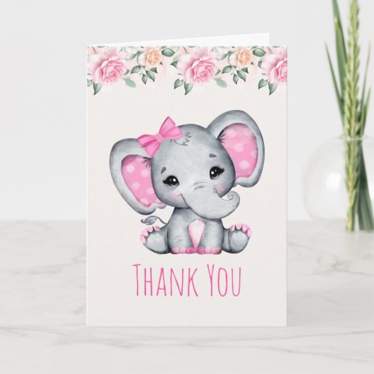 Carte Eléphant de bébé rose et Merci frontalier Rose (Devant)