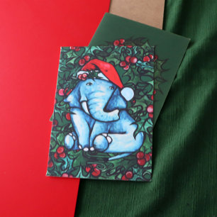 Carte Éléphant de Noël Yule avec houx