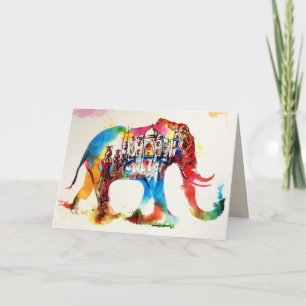 Carte Éléphant d'Inde aquarelle vintage pour voyage amou