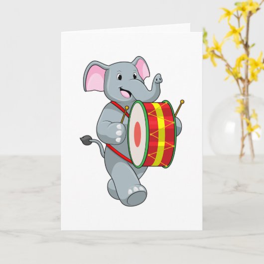 Carte Éléphant en musicien avec tambour (Fleur jaune)