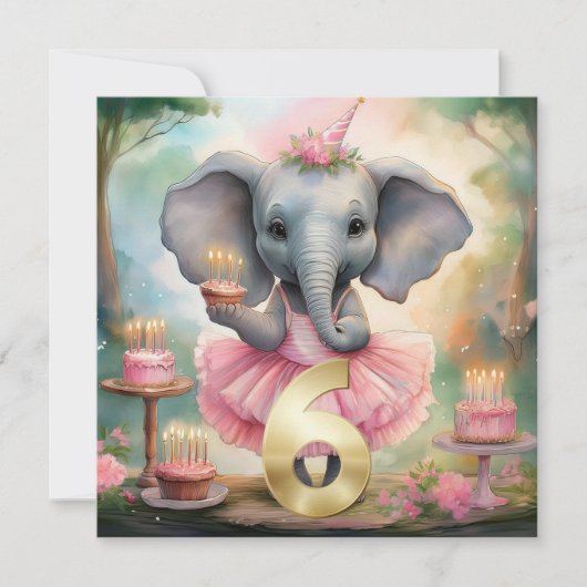 Carte Eléphant en tutu rose Joyeux 6e anniversaire (Devant)