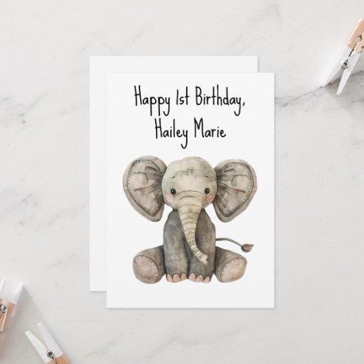 Carte Eléphant farci personnalisé premier anniversaire (Devant/Arrière en situation)