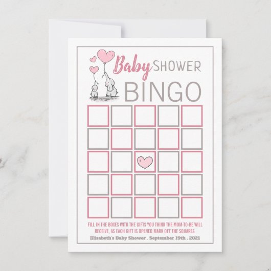 Carte Elephant Hearts Baby shower Bingo (Devant)