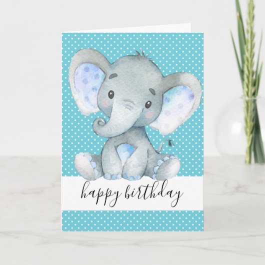 Carte Eléphant mignon 1er anniversaire bébé garçon Polka (Devant)