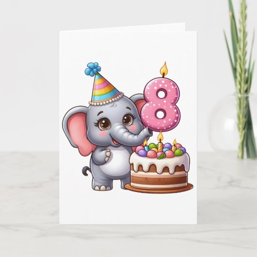 Carte Éléphant Mignon 8ème Anniversaire (Devant)