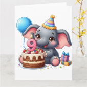 Carte Éléphant Mignon 9ème Anniversaire (Fleur jaune)