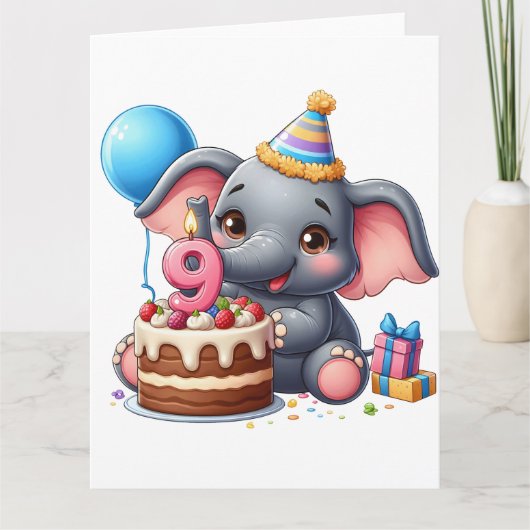 Carte Éléphant Mignon 9ème Anniversaire (Devant)