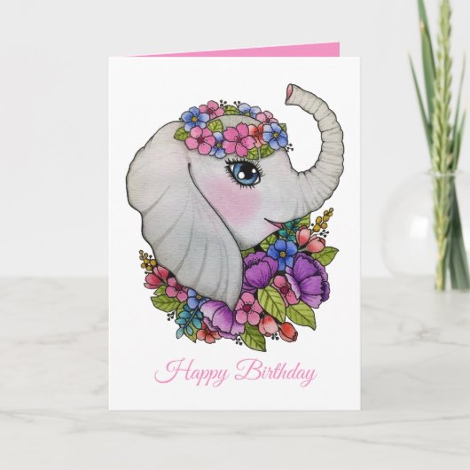 Carte Éléphant mignon et fleurs sauvages dans (Devant)