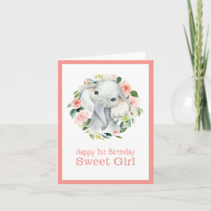 Carte Eléphant mignon Floral 1er anniversaire pour fille