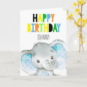 Carte Eléphant personnalisé mignon garçon Joyeux anniver (Fleur jaune)