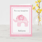 Carte Eléphant rose 1er anniversaire fille (Fleur jaune)