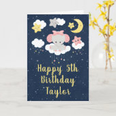 Carte Elephant rose et Marine Joyeux anniversaire (Fleur jaune)