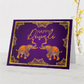 Carte Eléphants or et violet Joyeux Diwali Card (Fleur jaune)