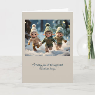 Carte Elf Kids Running in the Snow Custom Text Holiday