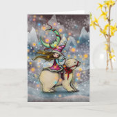 Carte Elf montant l'art de vacances de Noël d'ours blanc (Fleur jaune)