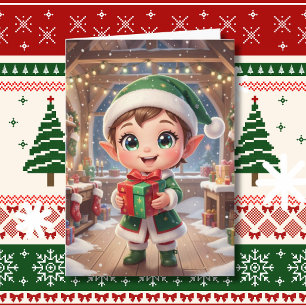 Carte Elfe Chibi Mignon avec Cadeau de Noël Personnalisé