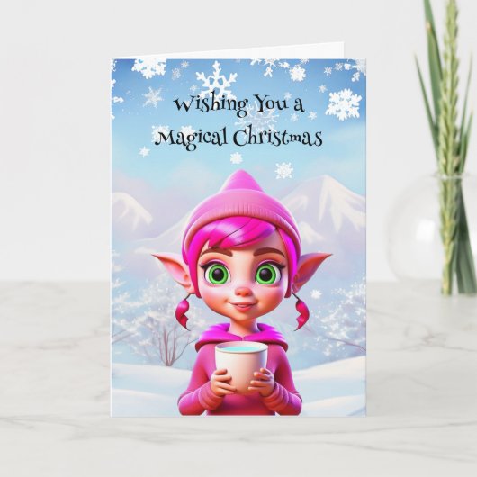 Carte Elfe rose mignonne avec café ou cacao Noël (Devant)