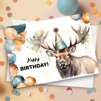 Carte Elk avec ballons et Casquette de fête Faune Annive