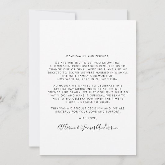 Carte Elopement Marié Maintenant Parti Plus Tard Photo M (Dos)