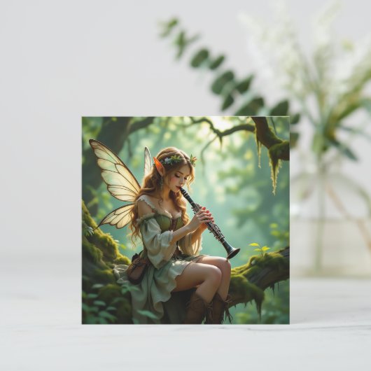 Carte Elven Fairy Playing Clarinet in Enchanted Forest (Debout devant)