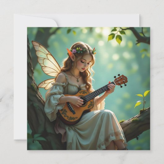 Carte Elven Fairy Playing Ukulele in Enchanted Forest (Devant)