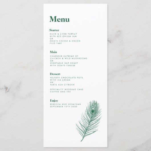 Carte Emerald Green Feather Modern Mariage Menu Ca (Devant)