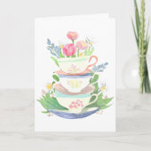 Carte Empilement de tasses à thé pastel avec des fleurs (Devant)