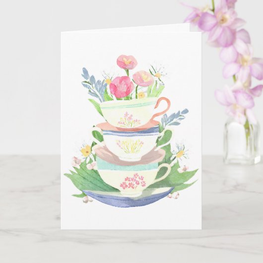 Carte Empilement de tasses à thé pastel avec des fleurs (Orchidée)