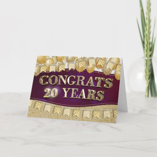 Carte Employé 20e anniversaire Gold Texte et Ballons (Devant)