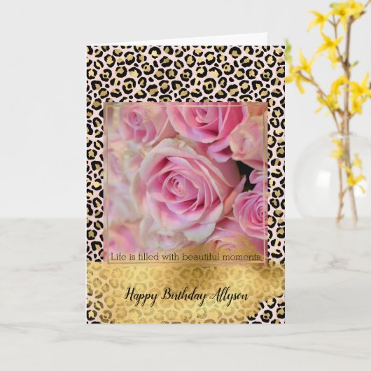 Carte Empreinte de léopard Noir Pink Rose (Fleur jaune)