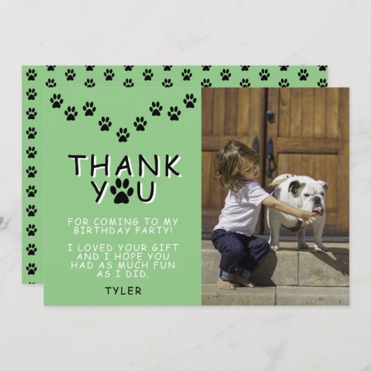 Carte Empreintes de pattes mignons Vert Merci d'annivers (Devant / Derrière)