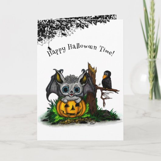 Carte En attente d'Halloween, Bat mignonne et Corbeau (Devant)