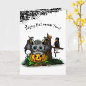 Carte En attente d'Halloween, Bat mignonne et Corbeau (Fleur jaune)