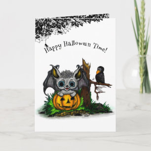 Carte En attente d'Halloween, Bat mignonne et Corbeau