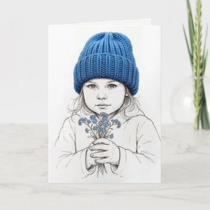Carte En pensant à toi, fille au chapeau bleu tricoté