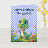 Carte En vichy Anniversaire Dinosaur Vert (Fleur jaune)