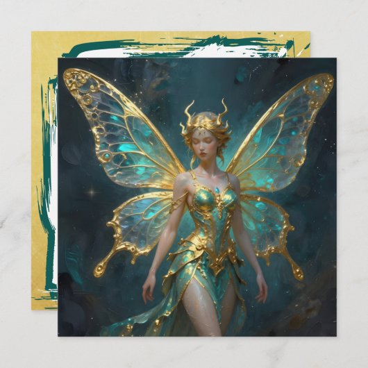 Carte Enchanted Fairy in Gold and Turquoise Blank (Devant / Derrière)
