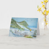 Carte enfant aquarelle marchant sur la plage (Fleur jaune)