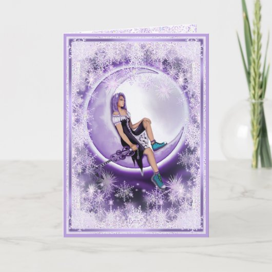 Carte Enfant de lune violette & flocons de neige (Devant)