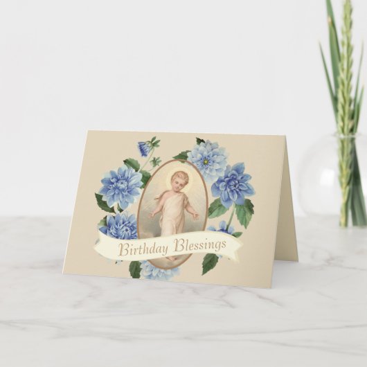 Carte Enfant Jésus bleu fleurs couronne religieuse (Devant)