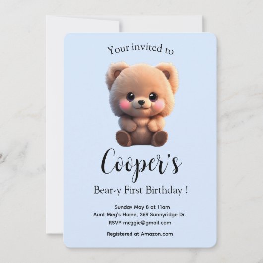 Carte Enfant mignon ours en peluche 1er anniversaire (Devant)