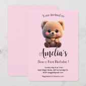 Carte Enfant mignonne ours en peluche fille 1er annivers (Devant / Derrière)