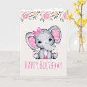 Carte Enfant rose Eléphant et frontière Rose Anniversair (Fleur jaune)