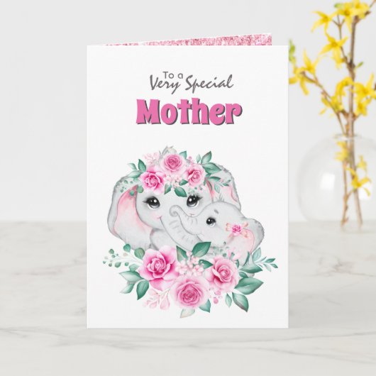 Carte Enfant rose mère éléphant rose spécial (Fleur jaune)