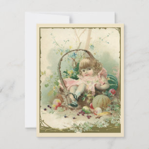 Carte Enfant victorien vintage, Panier de fruits de prin