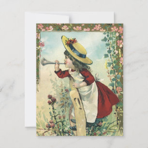 Carte Enfant victorienne vintage, fille soufflant dans u