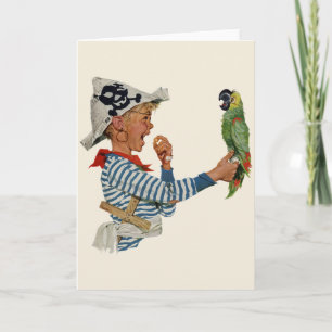Carte Enfant vintage, Garçon Jouant Pirate Parrot Bird