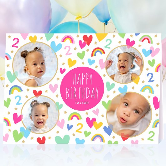Carte Enfants 2e anniversaire mignon arc-en-ciel Coeurs 