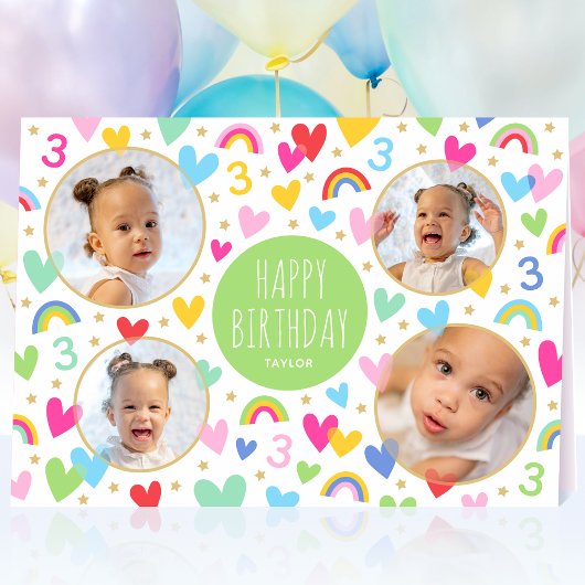 Carte Enfants 3e anniversaire mignon arc-en-ciel Coeurs